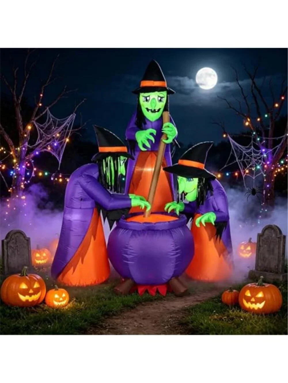 6 FT Halloween Inflatables with Built-in LEDs, Three Witches Around a Cauldron